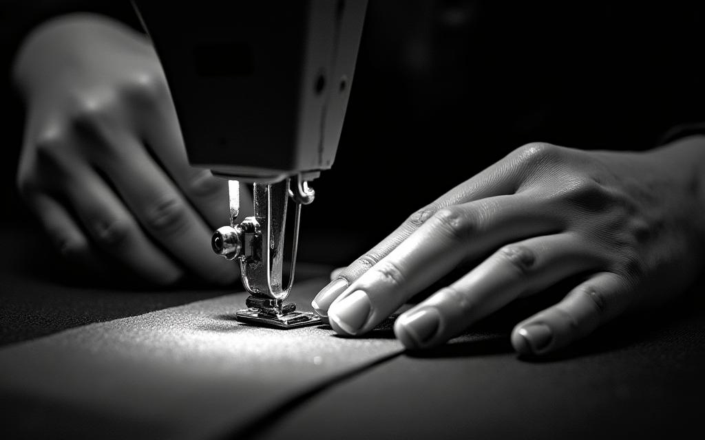 A close-up, black and white photo of a craftsman's hands guiding fabric through a sewing machine.